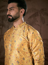 Ethnic Bay Men Yellow Silk Blend Floral Printed Straight Kurta-MKU1946
