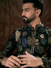 Ethnic Bay Men Black Silk Blend Floral Printed Straight Kurta-MKU1960