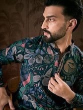 Ethnic Bay Men Blue Silk Blend Floral Printed Straight Kurta-MKU1962