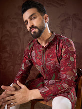 Ethnic Bay Men Maroon Silk Blend Floral Printed Straight Kurta-MKU1963