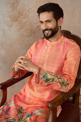 Orange Silk Blend Ethnic Motifs Printed Straight Kurta with Trousers MKSET2369