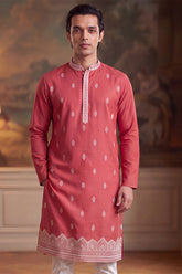 Peach Silk Blend Solid Embroidered Kurta MKU2488