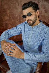Blue Jacquard Solid Embroidered Kurta With Trouser MKSET2500