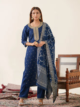 Navy Blue Roman Silk Top Bottom With Jequard Dupatta Set-MLWSHKS4367MBL