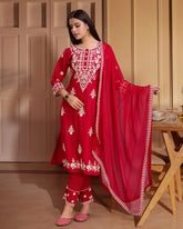 Red Colour Reyon Fabric Top Bottom Dupatta Set-MLWSHKS4375RED