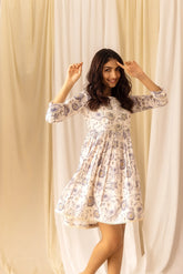 White Colour Linen Fabric Floral Printed Long Top-MLWSHTO4322WHT