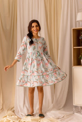 Blue Colour Linen Fabric Floral Printed Long Top-MLWSHTO4323BLU