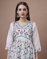 White Colour Linen Fabric Floral Printed Long Top-MLWSHTO4324WHT