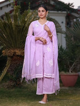 Lilac Floral Printed pure Cotton Kurta Palazzos & Kota Doria Dupatta With Beads Work-S4384LILAC