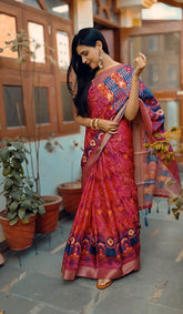 Mysore Silk Digital Print Pink Saree With Unstiched Blouse Piece-MPHMS-11-PINK