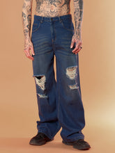 Men Blue Washed Front Distressed Wide Leg Jeans-MSJEAN0653