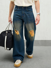 Men Blue Washed Knee Distressed Wide Leg Jeans-MSJEAN0737