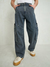 Men Blue Washed Big Cargo Pockets Wide Leg Jeans-MSJEAN0747