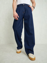 Men Navy Blue Front Dart Wide Leg Jeans-MSJEAN0749