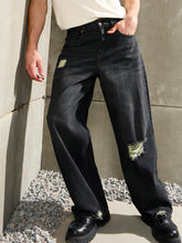 Men Black Distressed Whisker Wash Wide Leg Jeans-MSJEAN0762