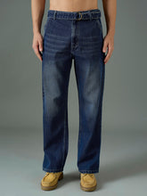 Men Navy Blue Wash Front Belted Relax Fit Jeans-MSJEAN0844
