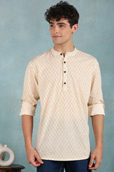 Ethnic Bay Off White Cotton Geometric Printed Straight Short Kurta For Men MSKU1007WHT