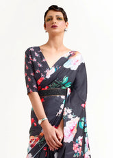 Women's Latest Bollywood Floral Printed Satin Saree With Unstiched Blouse-AVN-8090-BLACK