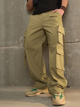 Men Olive Twill Cargo Pockets Wide Leg Pants-MSPANT51111
