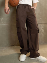 Men Brown Twill Elasticated Waist Wide Leg Pants-MSPANT51113