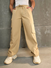 Men Beige Twill Elasticated Waist Wide Leg Pants-MSPANT51114