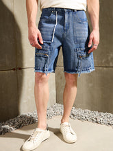 Men Blue Washed Denim Zipper Pocket Shorts-MSSHOR90085