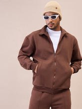 Men Dark Brown Front Zipper Oversize Sweatshirt-MSSWSH70241