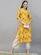 Women's Floral Printed A-Line Kurta-MUSTARDRAVE-S