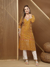Stylum Women's Mustard Bandhej Printed & Embroidered Cotton Straight Kurta (MUSTGOPI)
