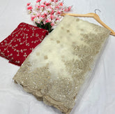 Embroidery Cream Saree With Unstiched Blouse Piece-MWPK-288-CREAM