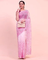 Embroidery Pink Saree With Unstiched Blouse Piece-MWPK-301A-PINK