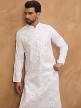 Ethnic Bay Men White Silk Blend Solid Embroidered Straight Kurta With Pant Set-MKSET1444