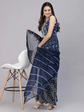 Women's Bandhej Printed Cotton Flared Short Kurta Sharara Dupatta Set-NAVYAUDI-S
