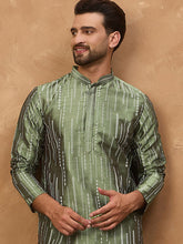 Ethnic Bay Men Green Silk Blend Solid Embroidered Straight Kurta With Pant Set-MKSET1439