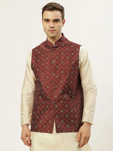 Men's Maroon Printed Nehru Jacket