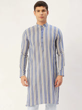 Men's Blue Cotton Striped Kurta Only