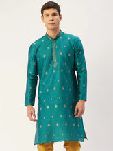 Men's Teal Coller Embroidered Woven Design Kurta Only