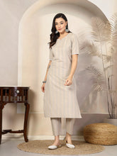 Women's Self Woven Striped Cotton Blend Straight Kurta Pant Set-NOORIBEIGE