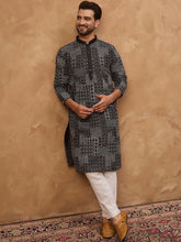 Ethnic Bay Men Black Silk Blend Geometric Printed Straight Kurta With Pant Set-MKSET1528