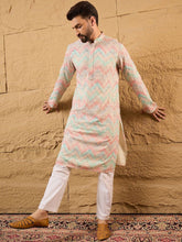Ethnic Bay Men Multicolour Viscose Rayon Geometric Embroidered Straight Kurta With Pant Set-MKSET1193