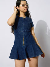 Girls Blue Denim Front Zipper Short Dress-NVDRSS12843