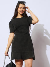 Girls Black Wash Denim Flared Hem Short Dress-NVDRSS12845