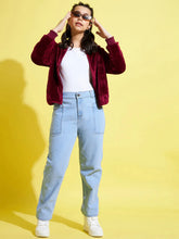 Girls Maroon Fur Front Zipper Jacket