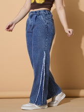 Girls Blue Wash Side Distressed Straight Jeans-NVJEAN0735