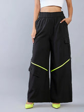 Girls Black Neon Zipper Detail Parachute Cargos-NVPANT50892