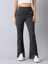 Girls Grey Front Slit Bell Bottom Zipper Detail Pants-NVPANT50900