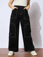 Girls Black Twill White Contrast Thread Straight Pants-NVPANT51199