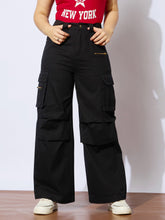 Girls Black Twill Metal Zipper Straight Pants-NVPANT51206
