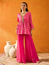 Girls Fuchsia Brocade V- Neck Peplum Top With Palazzos-NVSETS9935