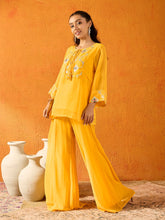 Girls Yellow Gota Embroidered Top With Palazzos-NVSETS9936